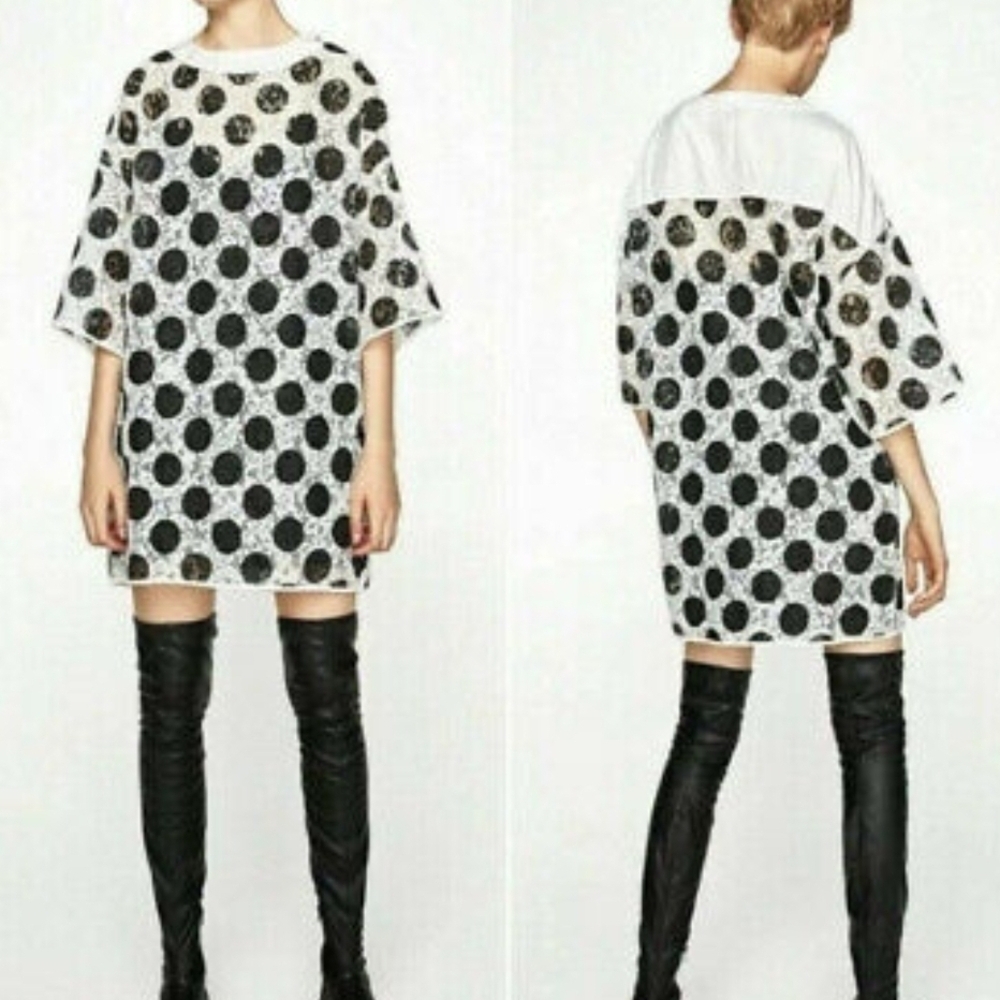 Zara Black and White Lace Polka Dot Mini Shift Dress S